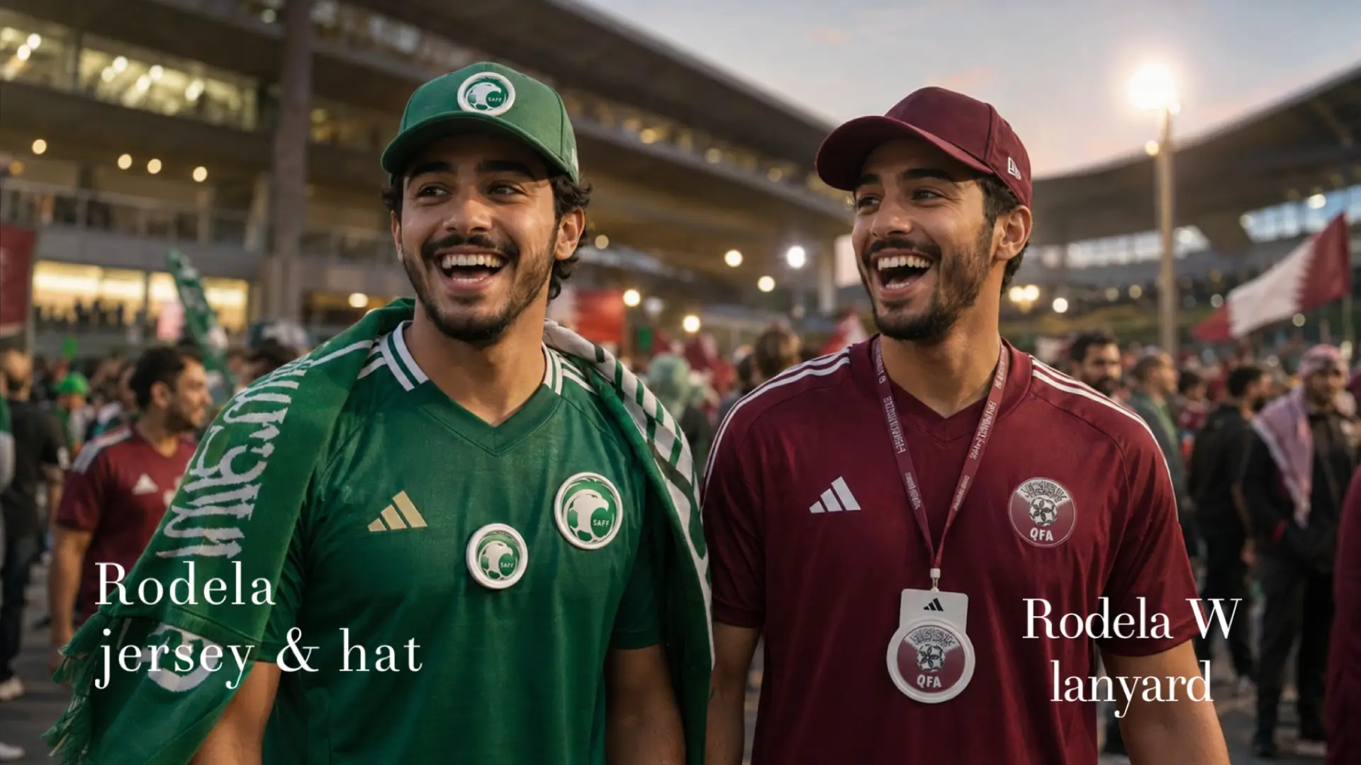 Two supporters outside a stadium—one in Saudi green wearing a Rodela snap-on badge on jersey and cap, another in Qatar maroon wearing a Rodela W lanyard with BrandTab