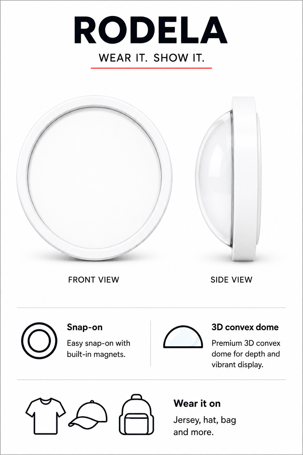 Rodela badge product diagram showing front view, side view, snap-on feature, 3D convex dome, and wearable use cases